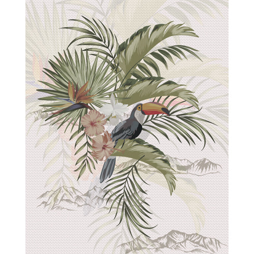 Faded Toucan Paradise glass film pattern in green, grey and blush, full design view