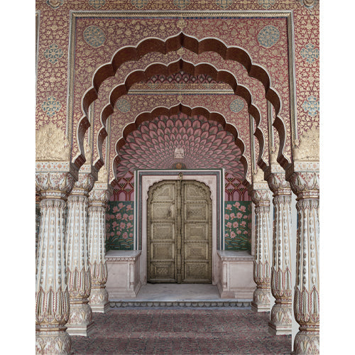 Rajasthani arch doorway blind design in pink, white, brown and green, full view