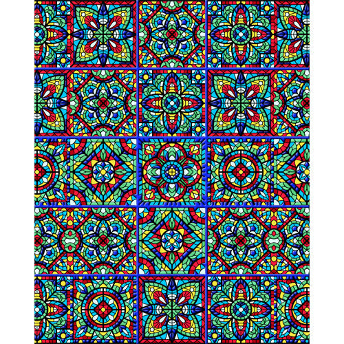 Jewelled Rangoli glass film pattern in cobalt, crimson and jade, full design view