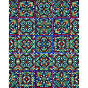 Jewelled Rangoli glass film pattern in cobalt, crimson and jade, full design view