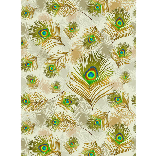 Mor Pankh on Ivory blind pattern in white, green, brown and yellow, full design view