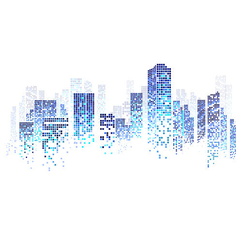 Pixel Cityscape glass film pattern in blue and cyan, full design view
