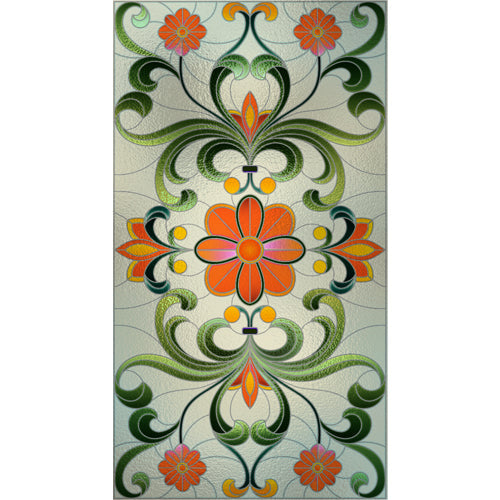 Marigold Vine Bloom glass film pattern in orange, green and gold, full design view