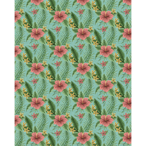 Teal hibiscus palm blind pattern in green, blue, pink and yellow, full design view