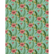 Teal hibiscus palm blind pattern in green, blue, pink and yellow, full design view