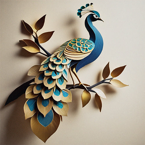 Golden Peacock Serenade blind pattern in blue, brown and yellow, full design view