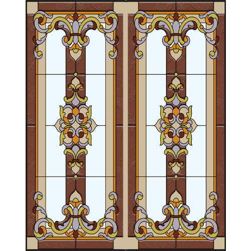 Victorian Scroll Doorway glass film pattern in mahogany, ochre and grey, full design view