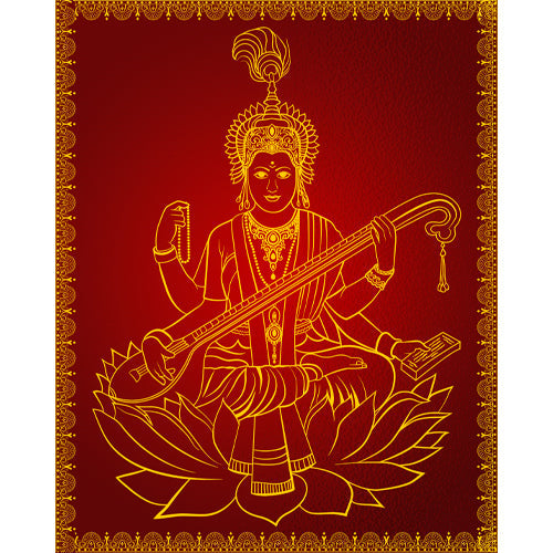 Veena Saraswati Grace glass film pattern in deep red and gold, full design view