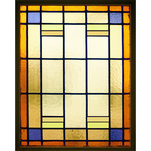 Amber Deco Sunlight glass film pattern in amber, cobalt and cream, full design view