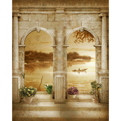 Golden lake arches blind design in brown, yellow, green and white, full view