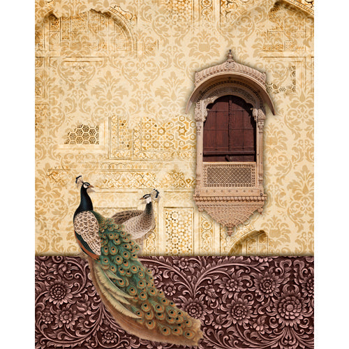 Golden damask peacock court blind design in white, yellow, brown and green, full view