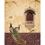 Golden damask peacock court blind design in white, yellow, brown and green, full view