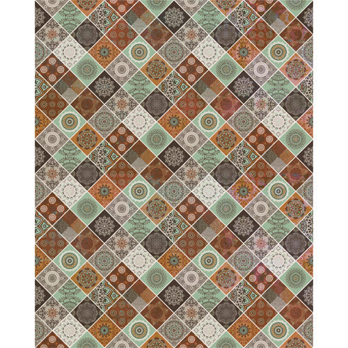 Boho mandala patchwork blind pattern in brown, green, orange and white, full design view