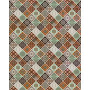 Boho mandala patchwork blind pattern in brown, green, orange and white, full design view