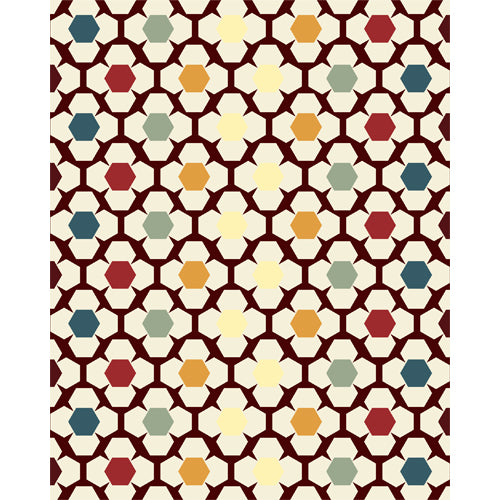Moroccan hexagon lattice blind pattern in white, brown, yellow, red, blue and green, full design view