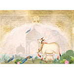 Load image into Gallery viewer, Pichwai Lotus Court blind pattern in gold, green, blue and pink, full design view