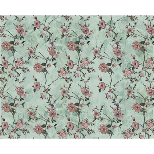 Sage rose vine blind pattern in green, pink and brown, full design view