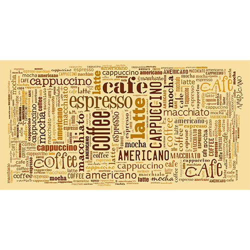 Coffee Word Cloud glass film pattern in brown and orange, full design view
