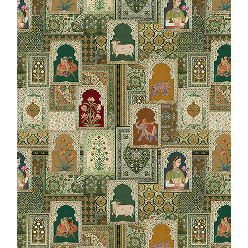 The Emperor's Miniature Gallery blind design in green, brown, yellow and white, full view