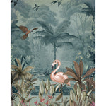 Load image into Gallery viewer, Teal jungle flamingo blind design in green, blue, brown and pink, full view