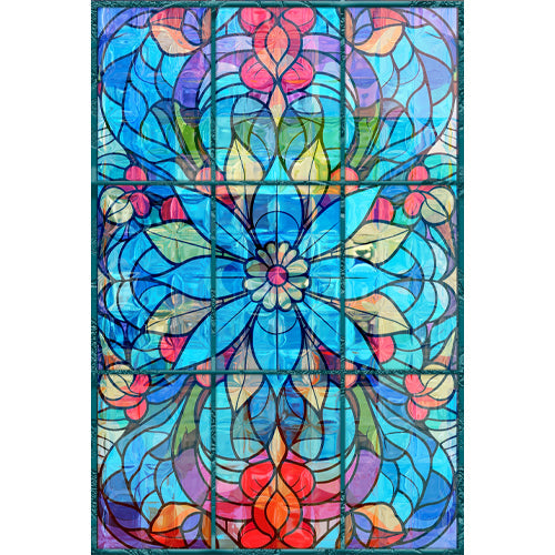 Blue Lotus Mandala glass film pattern in turquoise, coral and cream, full design view