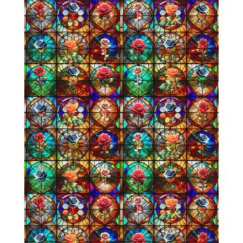 Stained Rose Cathedral glass film pattern in red, amber and blue, full design view