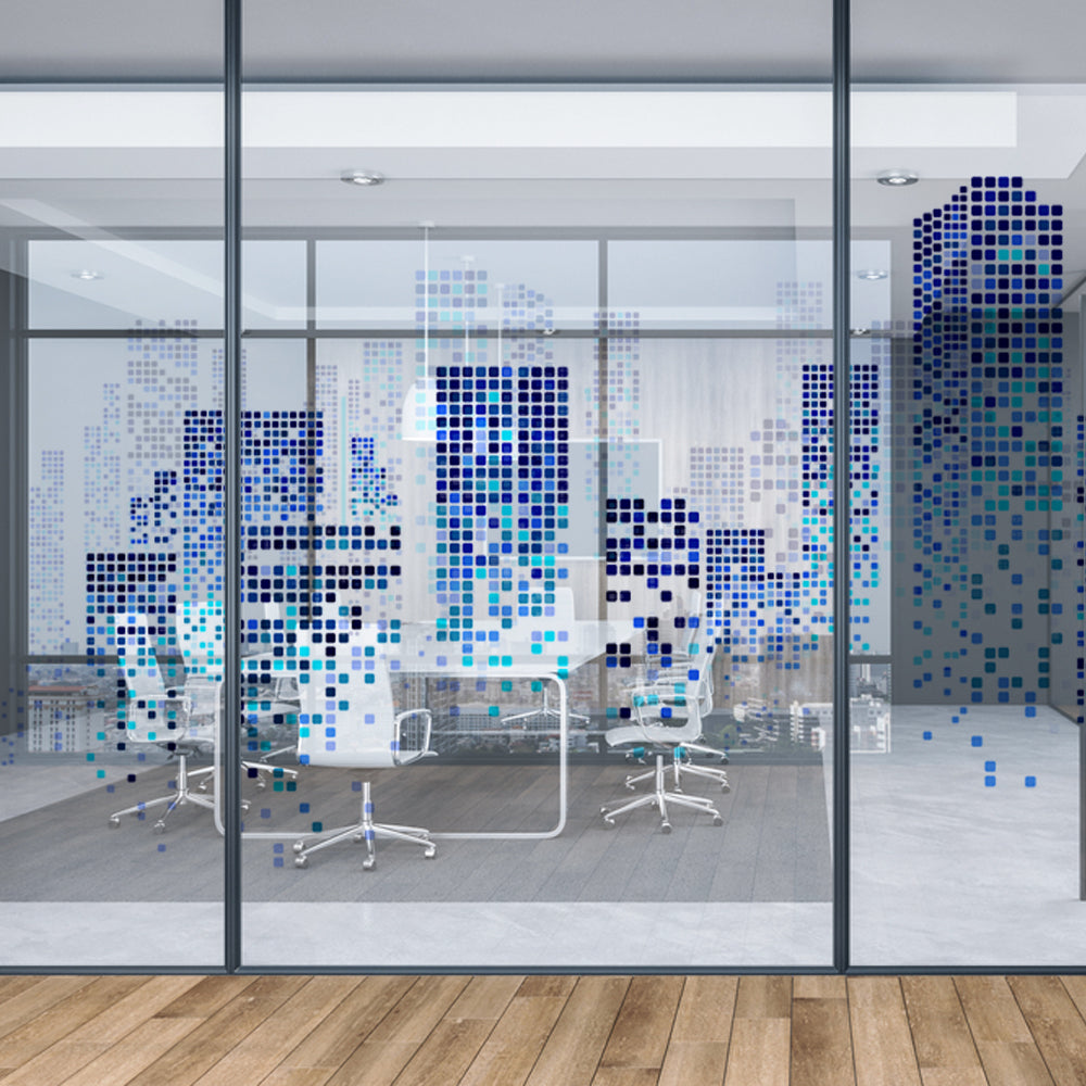 Pixel Cityscape glass film on a window — Lolli & Omi