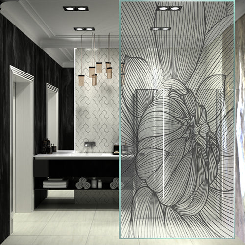Black and white line art floral glass film on a window — Lolli & Omi