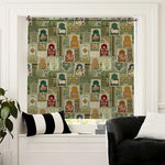 Load image into Gallery viewer, Indian blackout window blind with a patchwork of Mughal miniature panels in forest green, gold and cream - Lolli &amp; Omi
