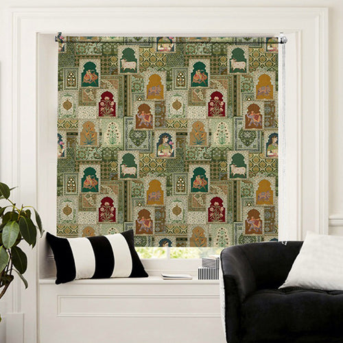 Indian blackout window blind with a patchwork of Mughal miniature panels in forest green, gold and cream - Lolli & Omi
