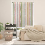 Load image into Gallery viewer, Floral blackout window blind with vertical folk stripes in cream, mustard, blue and coral - Lolli &amp; Omi