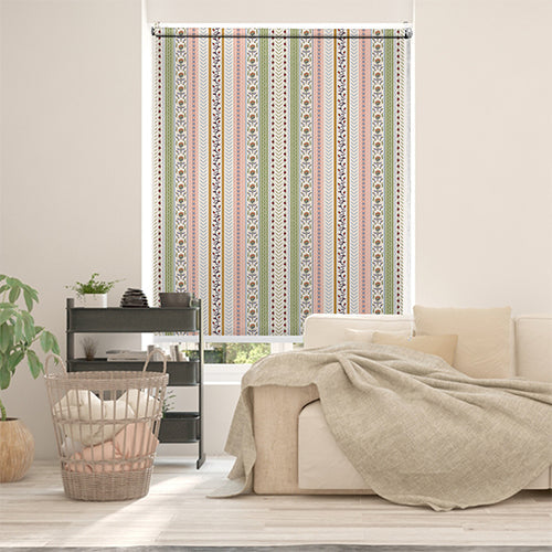 Floral blackout window blind with vertical folk stripes in cream, mustard, blue and coral - Lolli & Omi