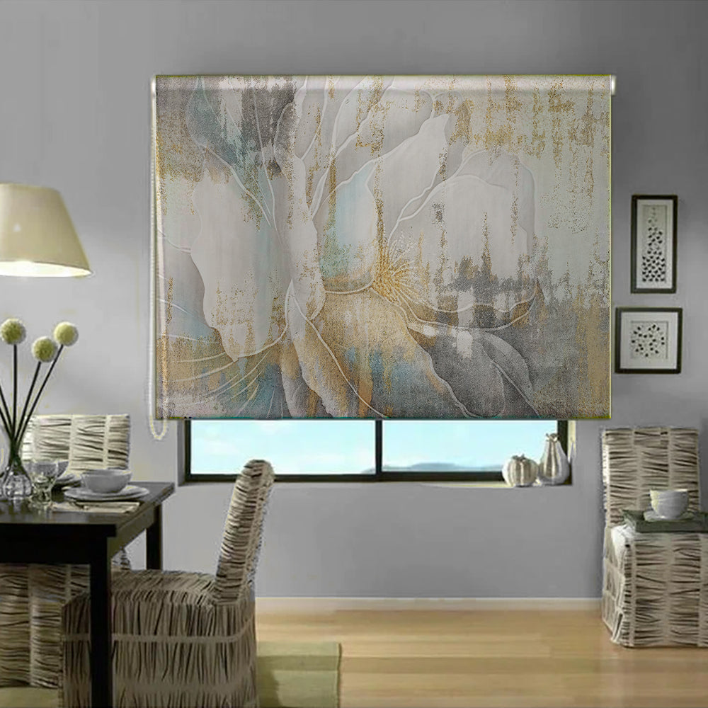 Abstract magnolia blind in grey, gold and teal fresco texture — Lolli & Omi