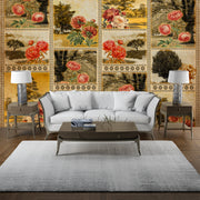 Vintage floral wallpaper with roses and gold tones, behind a gray sofa setup — Phulera living room mockup